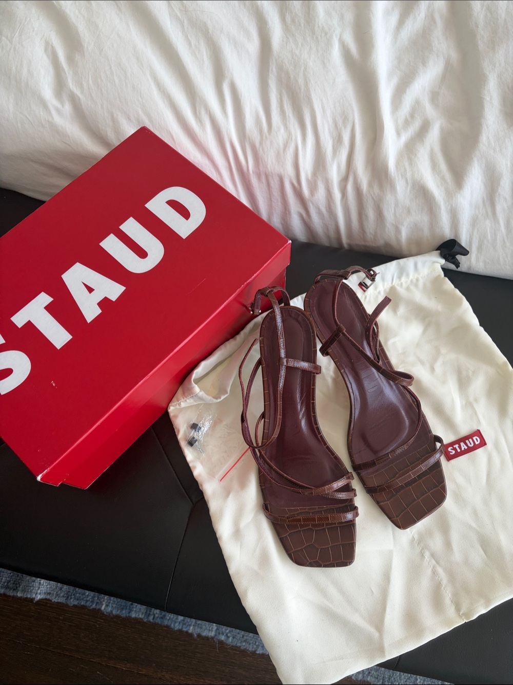 STAUD Brown Croc-Embossed Leather Strappy Heels